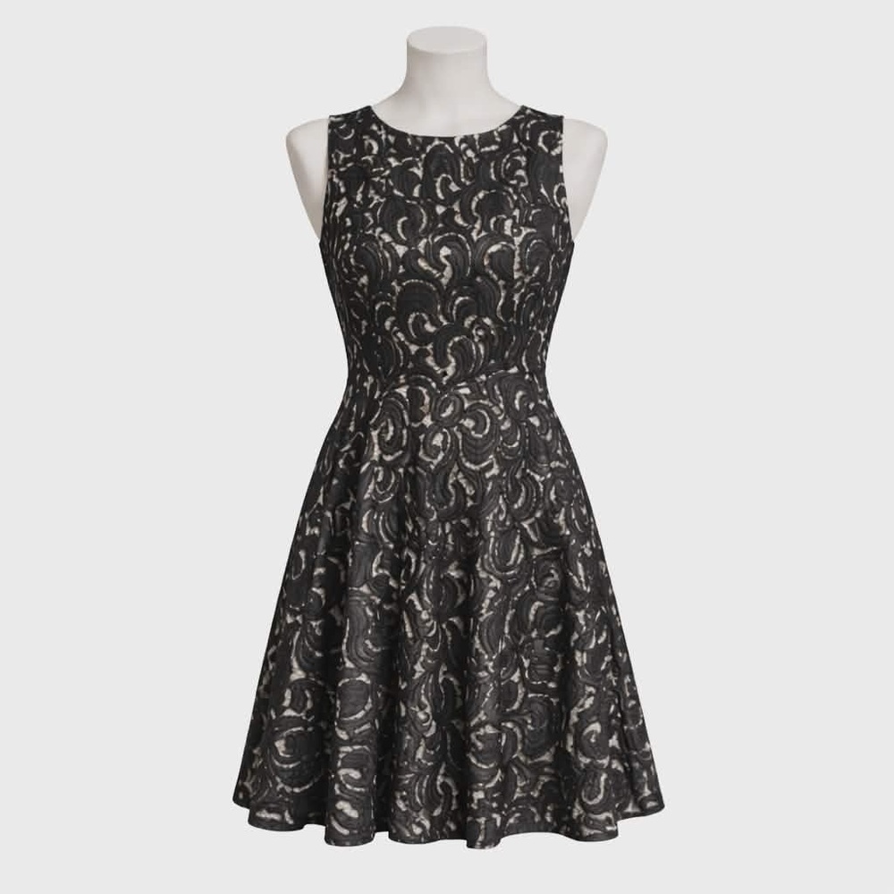 NWT. Size 6. Alex + Alex black/nude lace A-line mini dress w/gold back zipper